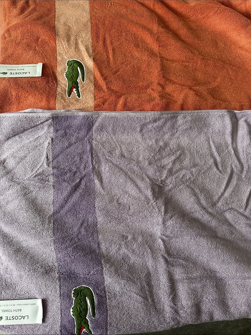 Lacoste Orange and Lavender Bath Towels with Crocodile Logo